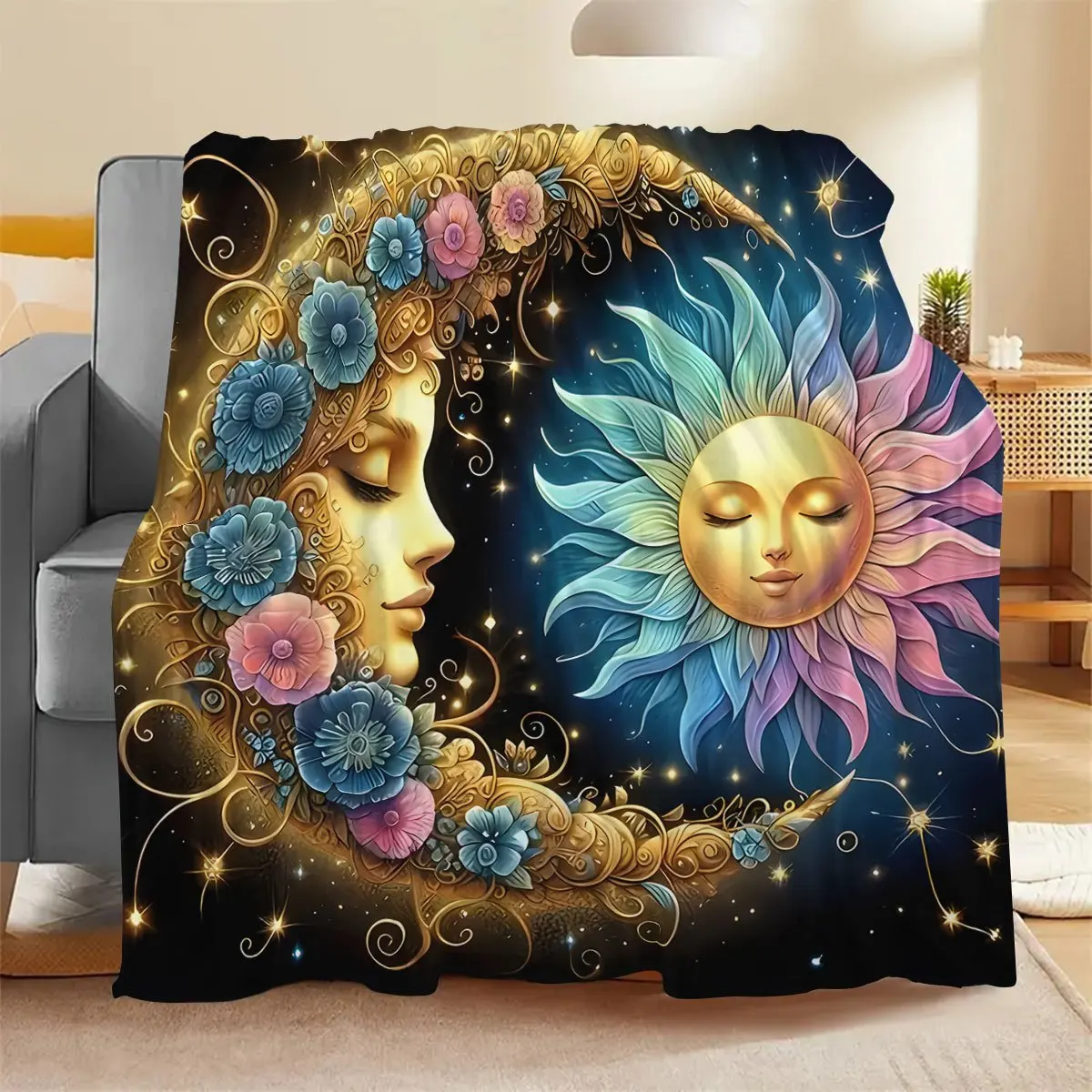 Bohemian Goddess Sun Celestial Throw Blanket Mystical Art Print Luxury Boho Bed Spread Cosmic Stars Home Decor Gift