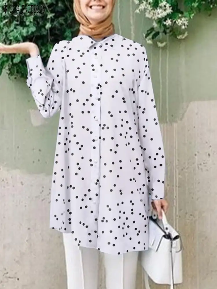 

Muslim Fashion Tops ZANZEA Women Autumn Blouse Long Sleeve Polka Dot Printed Shirt Dubai Turkey Abaya Oversize Islamic Clothing