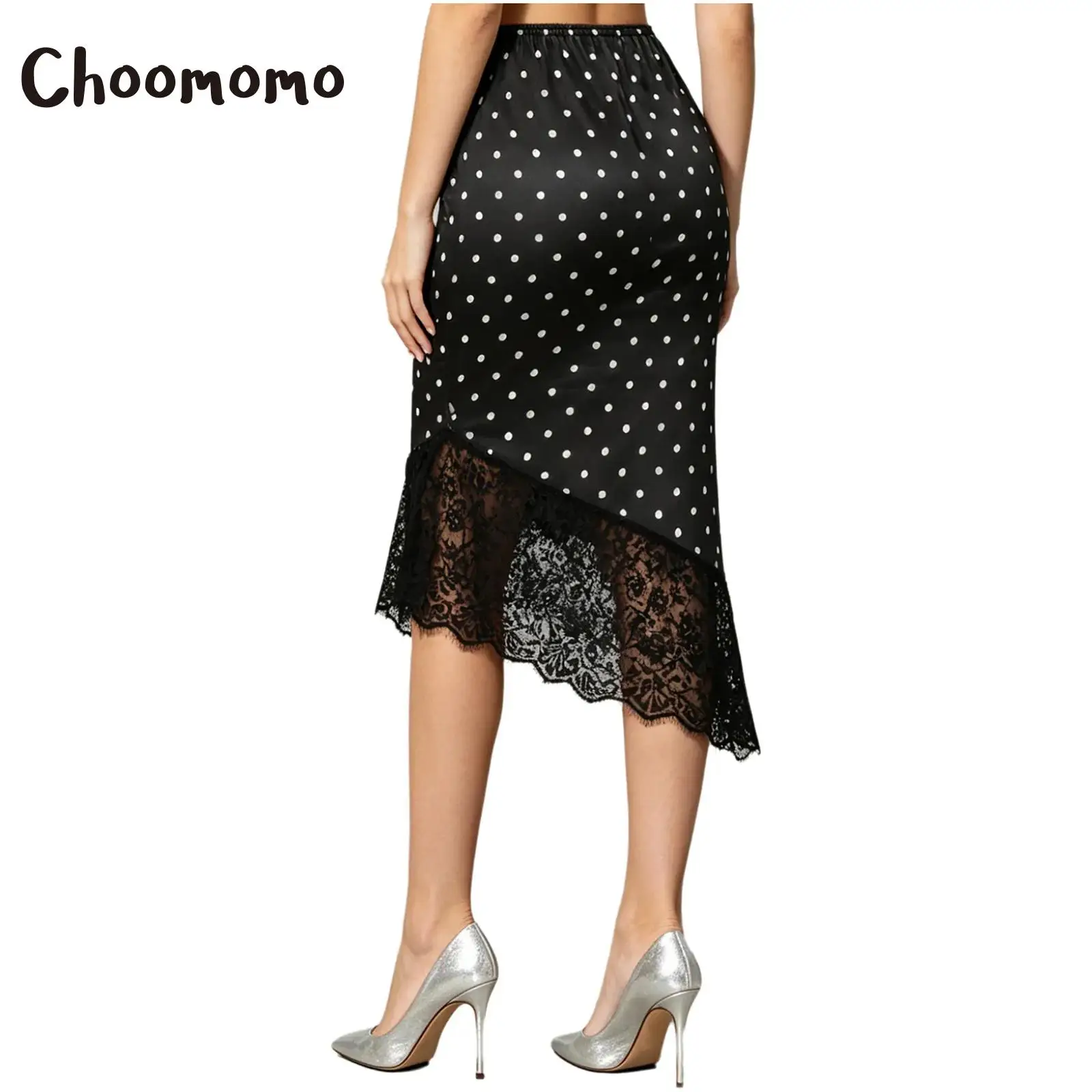 Women Elegant Polka Dot Midi Skirts Irregular Sheer Floral Lace Skirt Vintage High Waist Satin Skirt Office Lady Work Cocktails