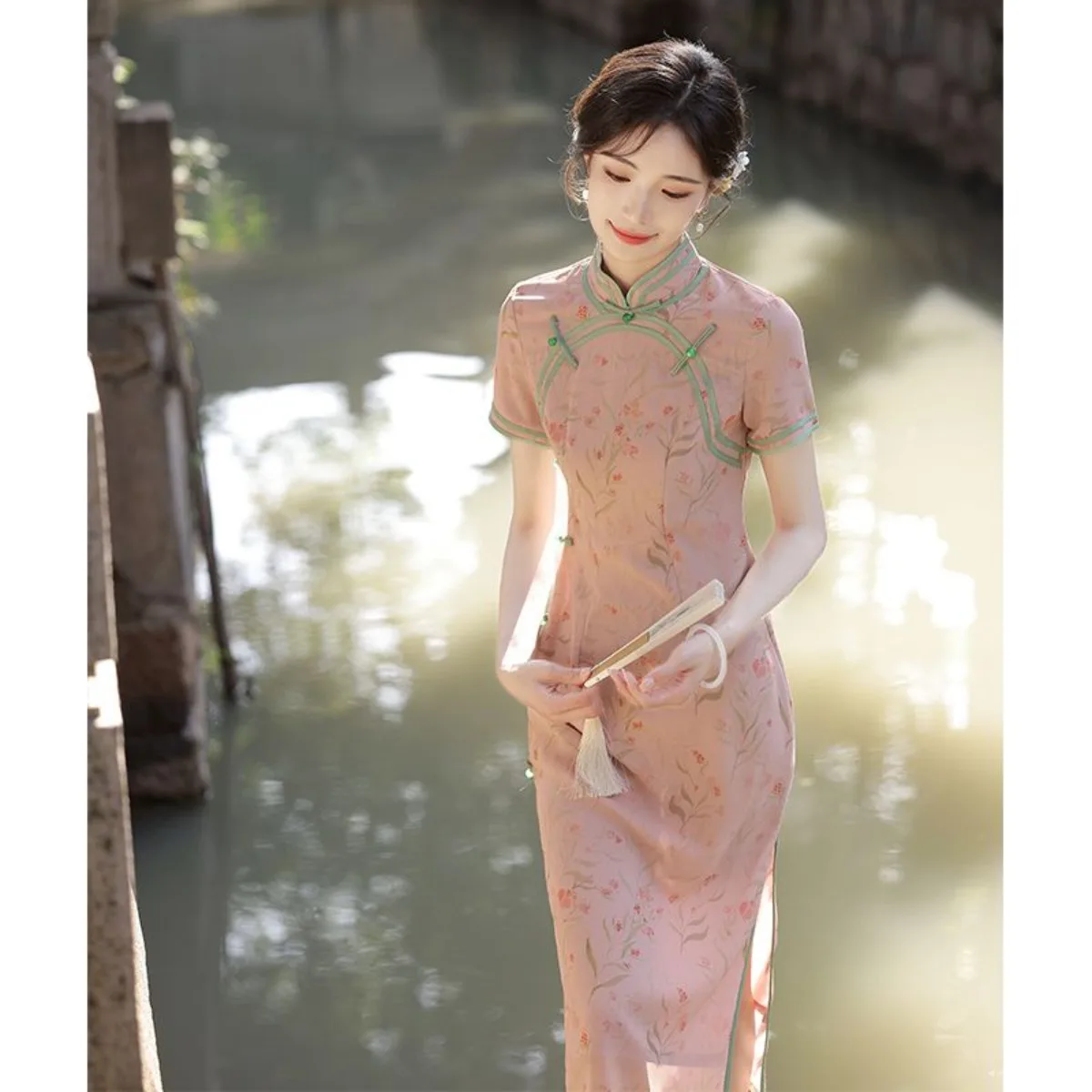 

Розовое современное платье Ципао, Новое поступление, летнее платье Cheongsam в китайском стиле, винтажная элегантная повседневная одежда в национальном стиле