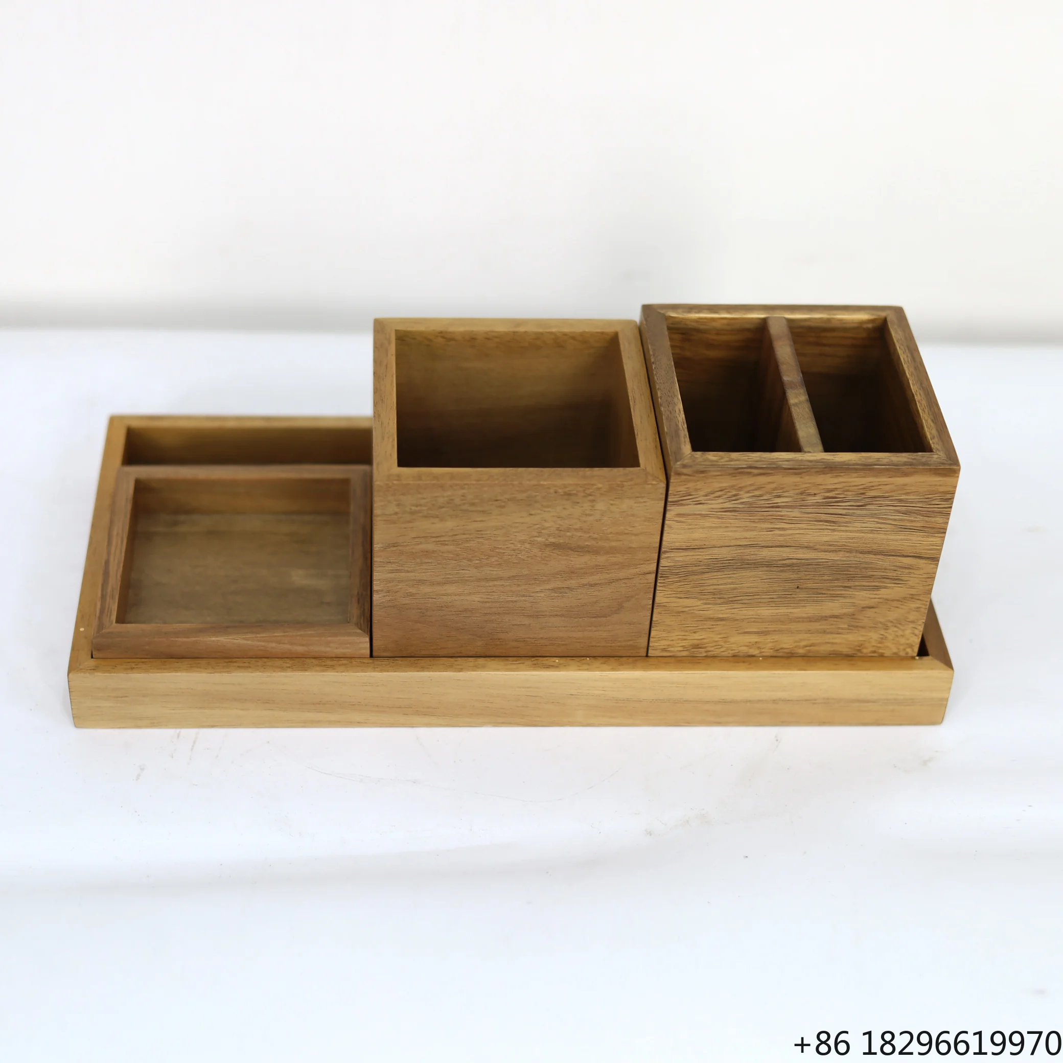 4-Piece Wooden Desktop Organizer Set for Kitchen & Bathroom Wood Counter Tray for Amenities Accessory Storage Box Pencil Holder