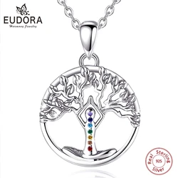 Eudora 925 Sterling Silver 7 Chakra Tree of Life Necklace Mandala Yoga Charm Amulet Pendant Fine Temperament Jewelry Party Gift