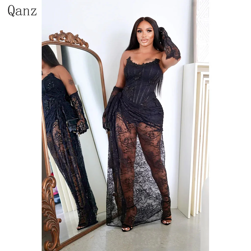 Qanz-Sexy Black Lace Appliques Vestidos De Noite, Vestido De Baile De Fenda De Perna Alta, Vestidos De Festa Até O Chão, Menina Negra Africana,