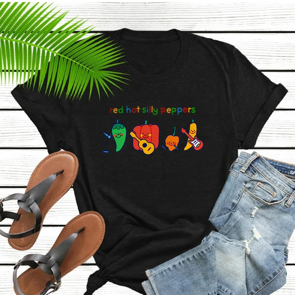 Red Hot Silly Peppers T-Shirt Unique Shirt Summer Cute Chilli Music Band Tee Casual Women Clothes Trendy Short Sleeves Tops