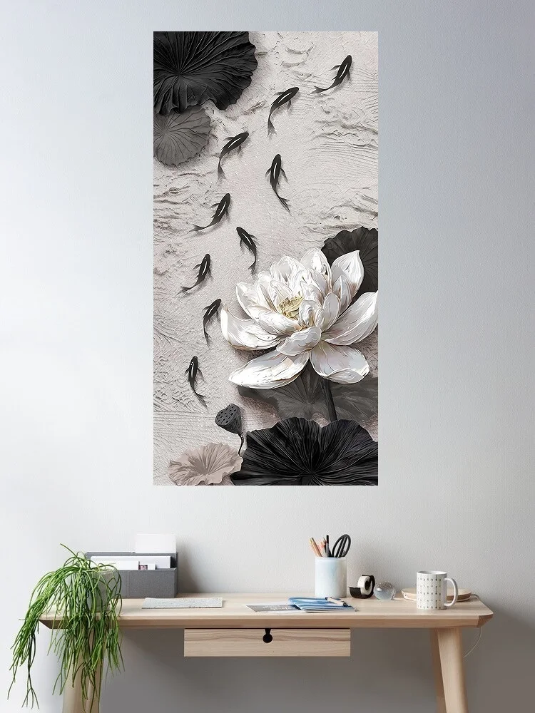 Lotus and Fish Delight, Print Art Canvas Poster, For Living Room Decor, Home Wall Picture
