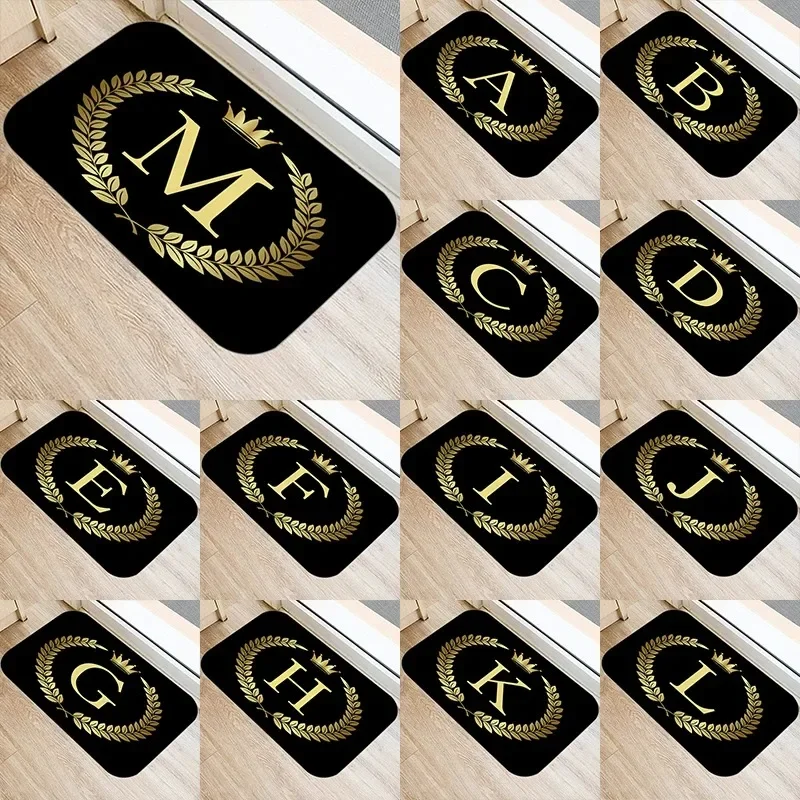 Tapis de porte d'entrée de cuisine avec lettres imprimées couronne dorée noire, décor en velours de corail, paillasson de sol d'intérieur antidérapant