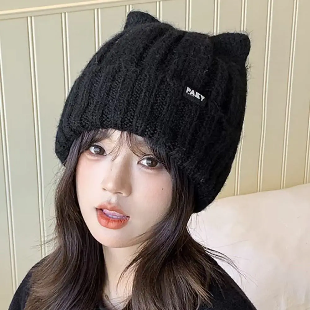 Berretti lavorati a maglia caldi foderati in pile tinta unita Berretti berretti femminili Hip Hop anti-freddo Cofano scaldino per orecchie di gatto all'aperto