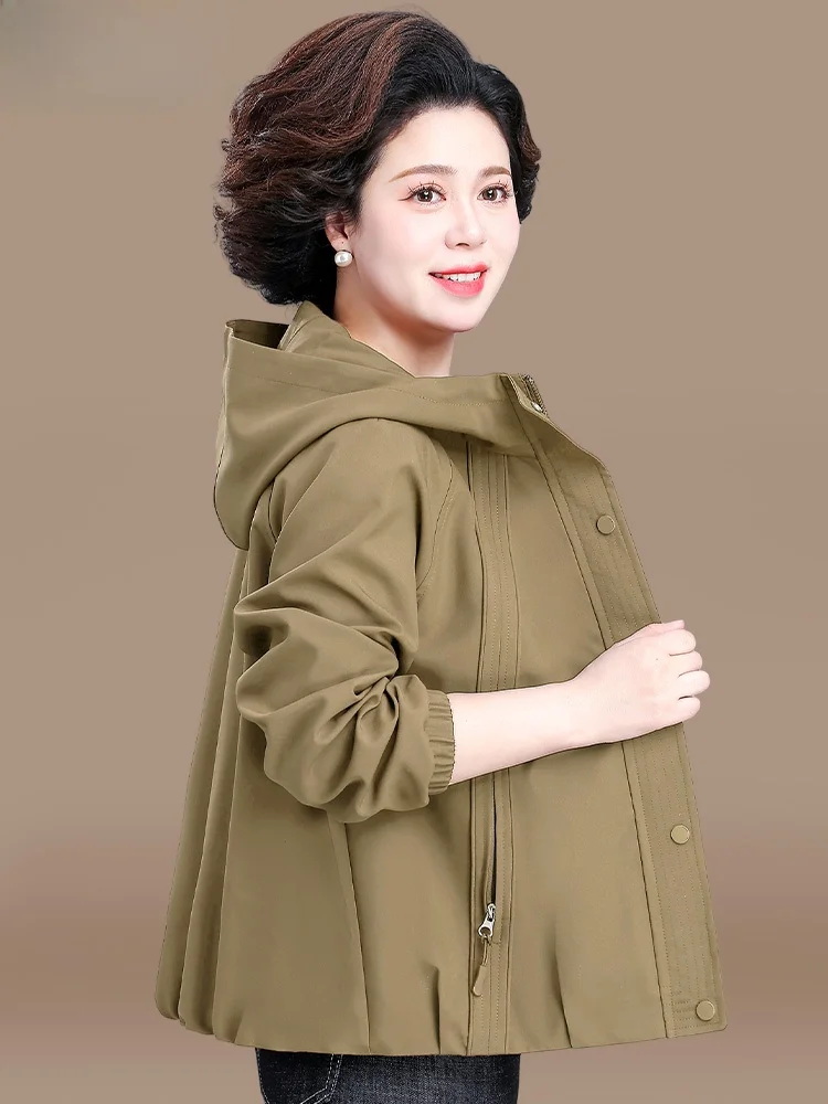 

Весенняя повседневная куртка с капюшоном для женщин среднего возраста, новинка 2025 года, большие размеры, корейский стиль, свободный крой, кардиган на пуговицах