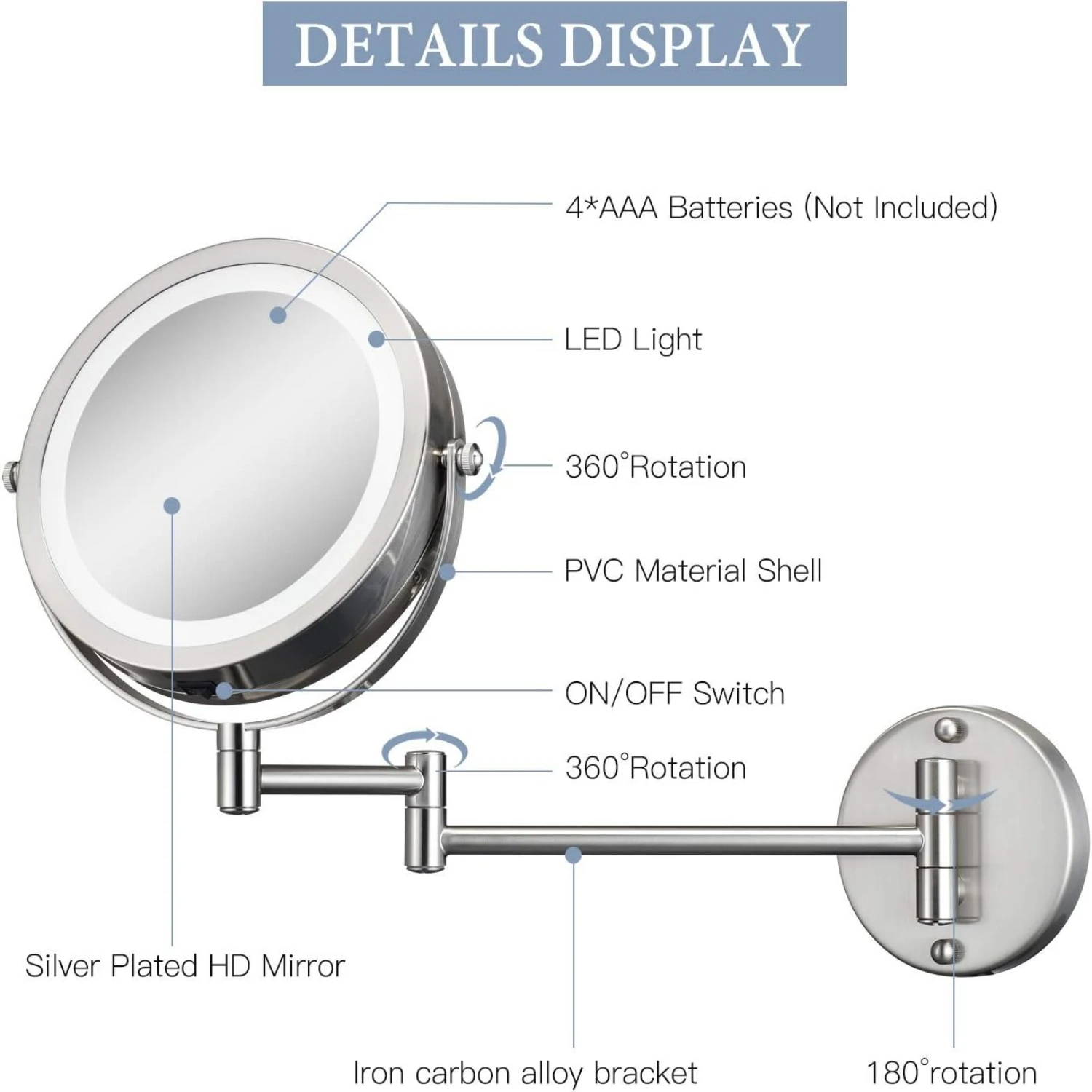 무선 LED 메이크업 거울, 브러시드 니켈 마감, 회전 디자인 배터리 구동, 욕실에 적합, 10x 배율