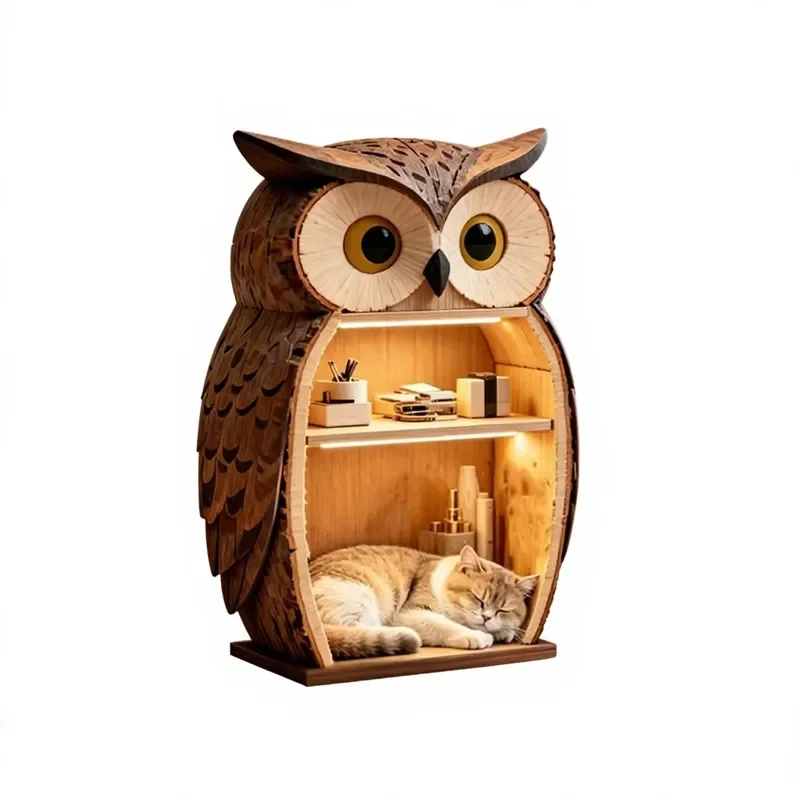 for Modern Owl Shaped Pet Feeding Station Wood Storage Cabinet for Dogs and Cats with LED Light Flat-pack Low MOQ Wholesale