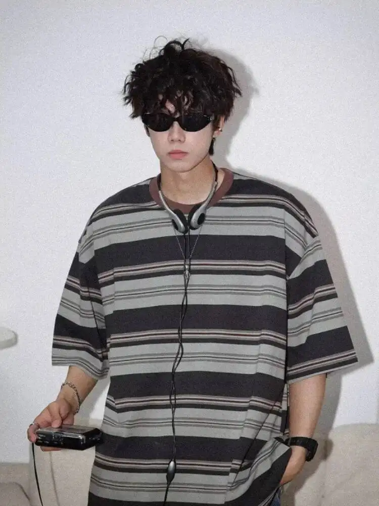 

2025 Summer Men's Striped T Shirt Short Sleeve T-shirt Women Unisex Top Loose Couple Style Versatile Base Layer Brand