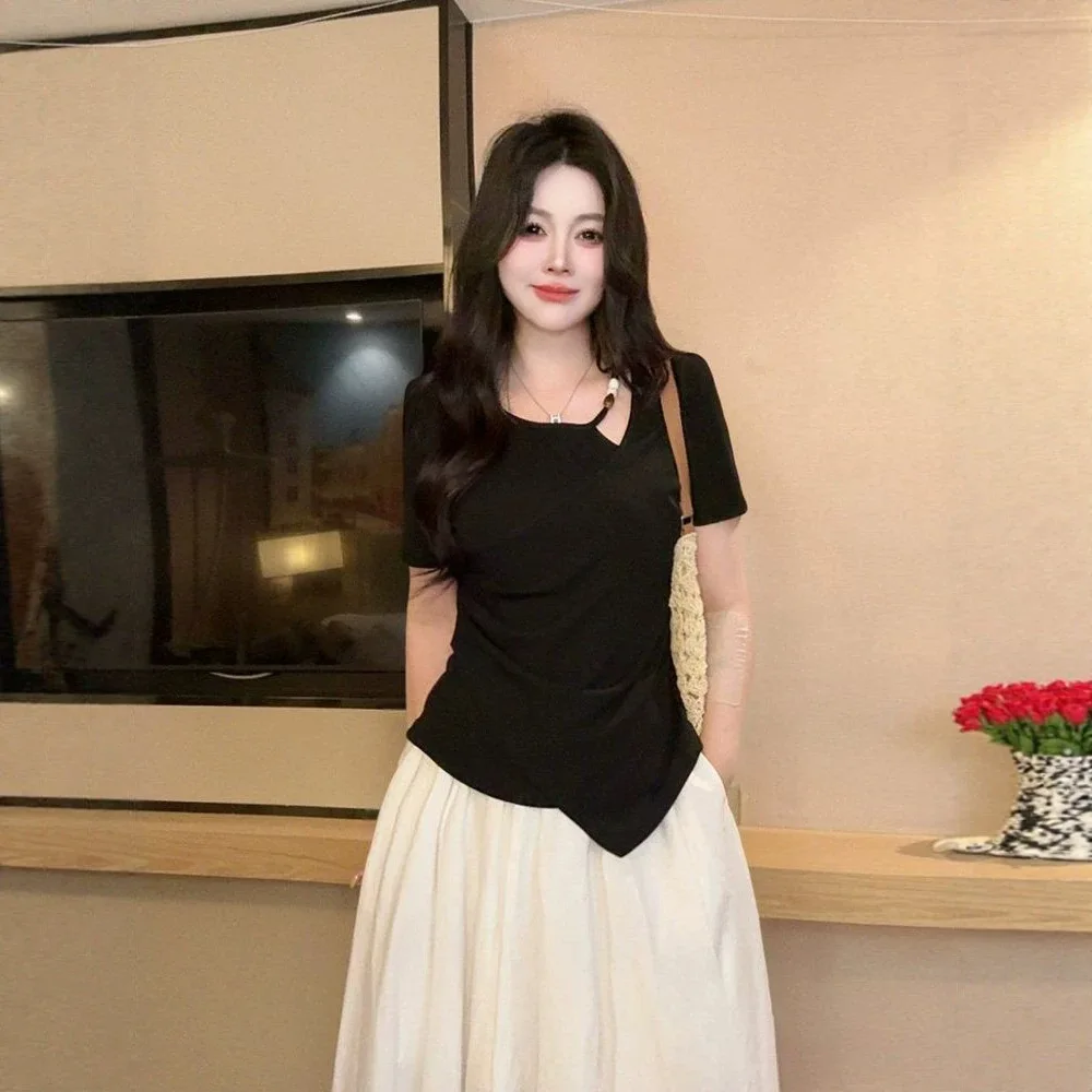 Large size women's clothing spring and summer new solid color inside and outside cross design irregular short-sleeved t-shirt