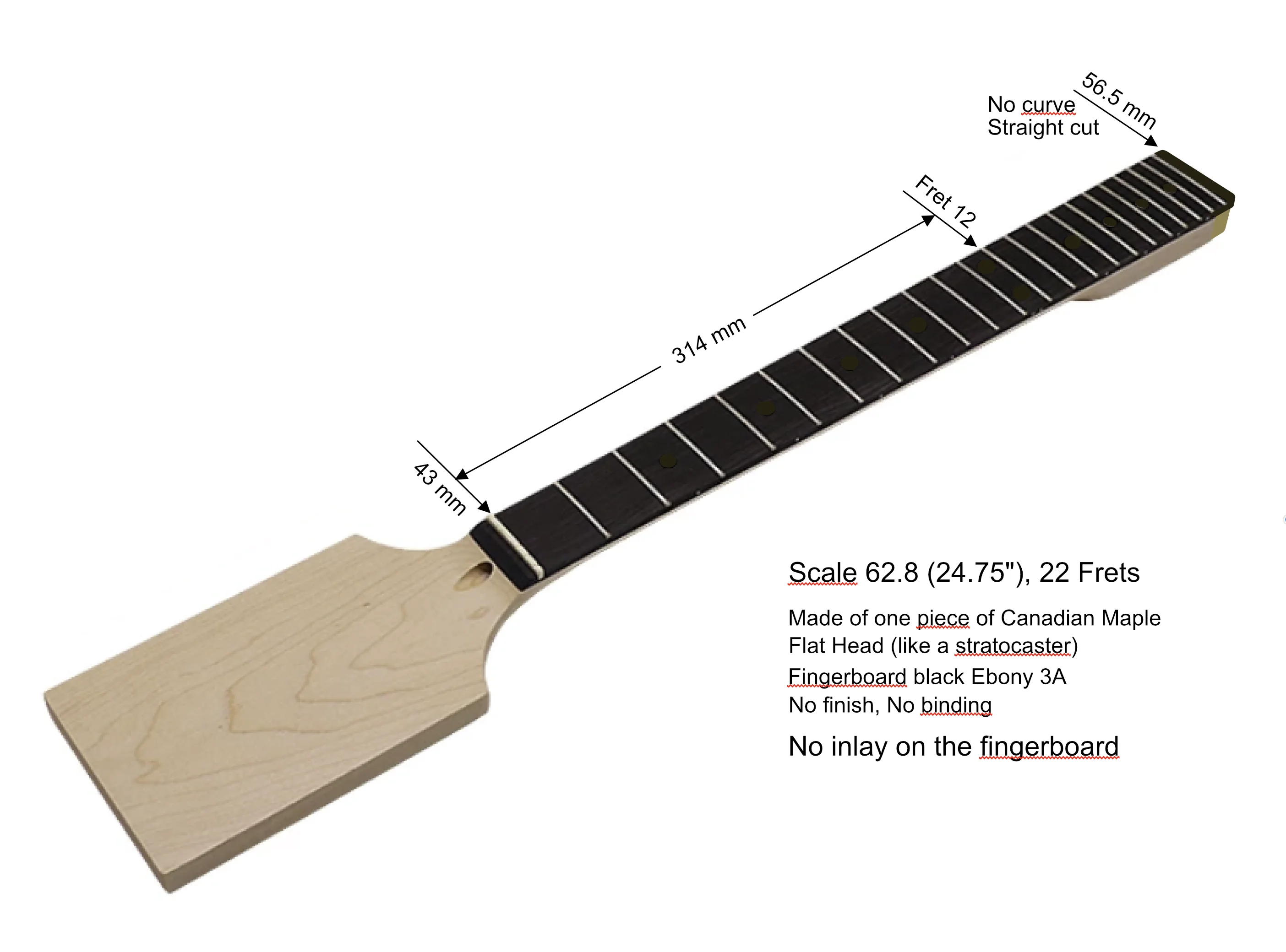 Yinfente Guitar Neck Replacement 22 Fret 24.75 inch  Maple  Paddle ebony fretboard  Head Electric Guitar FIne Style dp-3