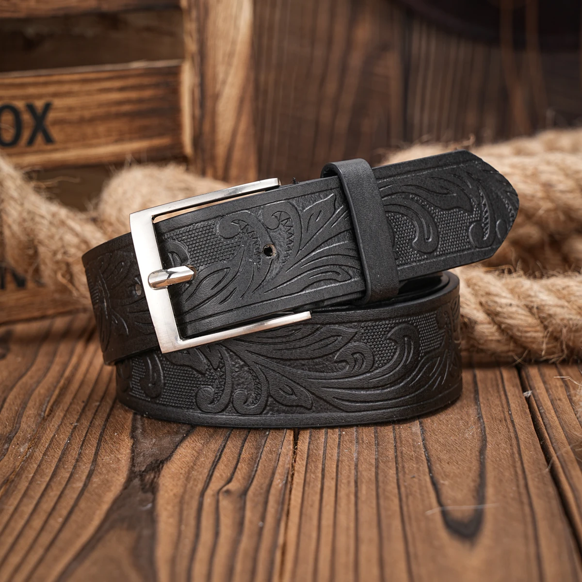 Western Cowboy PU Leather Belt - Men Waist Strap Bull Decoration Floral Engraved for Jeans