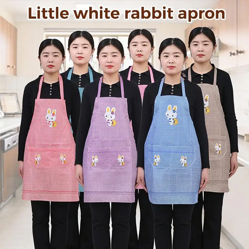 Cute Rabbit Print Apron Waterproof Oil-Proof with Practical Front Pocket for Home Kitchen BBQ Cooking Women Gift
