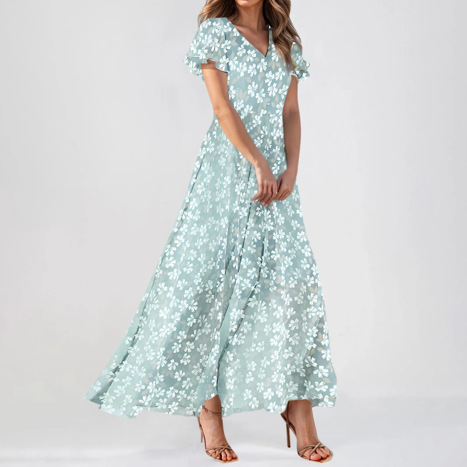 Dames Zomer Casual Korte Mouw V-Hals Elegante Maxi Jurk Met Bloemenprint Bruiloft Gast Chiffon Vloeiende Vakantie Strandjurken