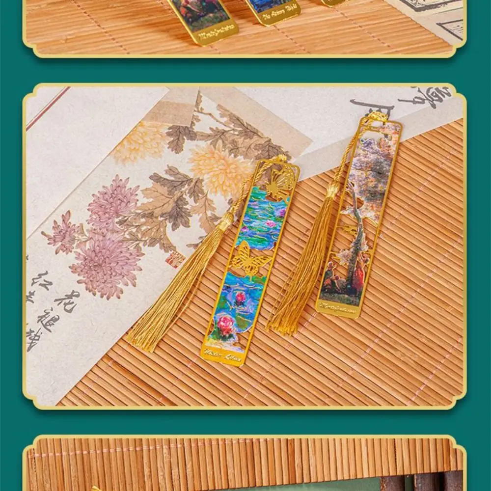 Oil Painting Metal Bookmark Student Gift with Long Tassel Reading Book Clip School Office Supplies Hollow Pagination Mark