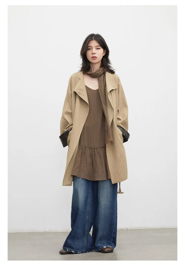 CHIC VEN Korean Women Mid Length PU Jacket Stand Collar One-button Laced Up Overcoat Office Lady Trench Coat Spring Autumn 2026