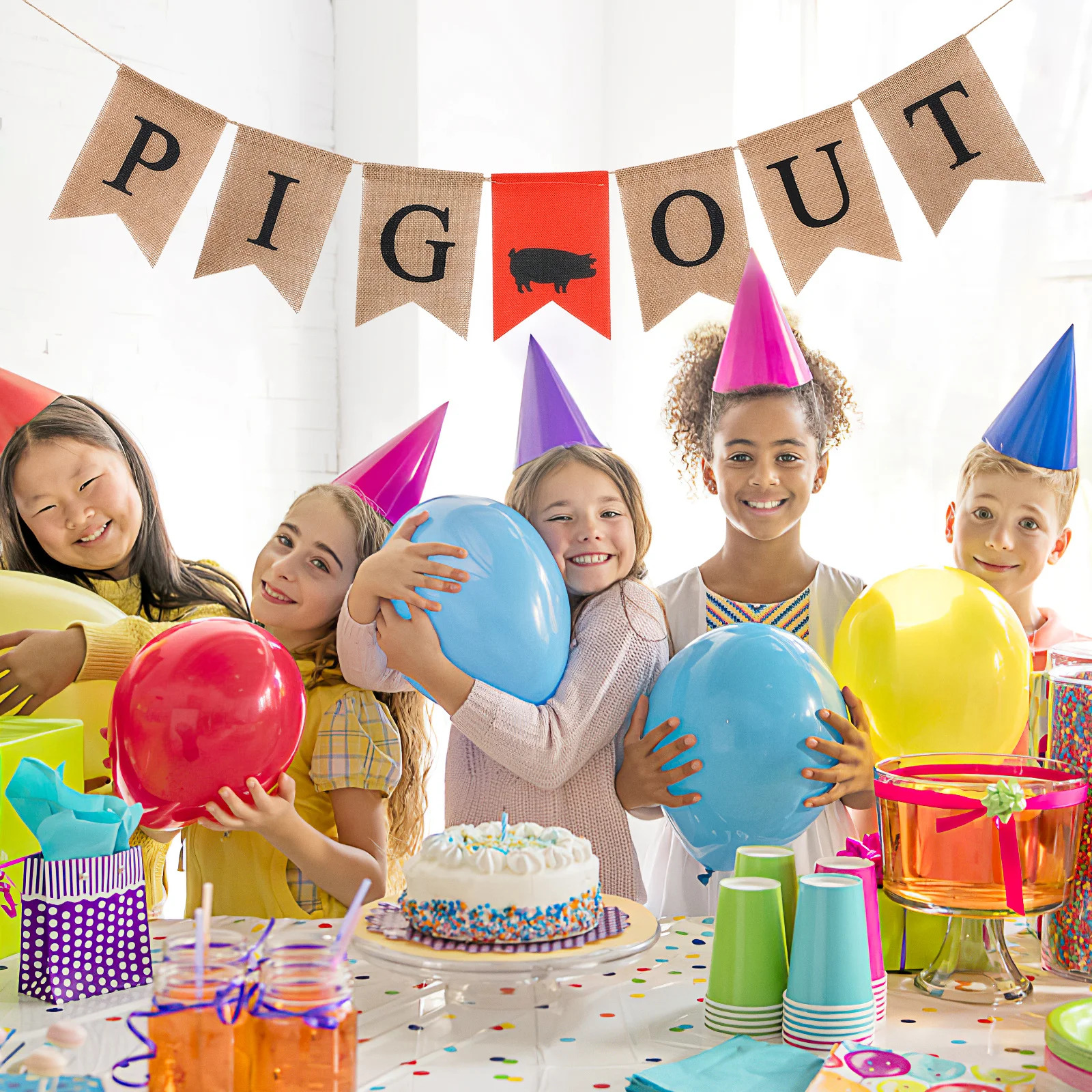 

Linen Burlap Farm Party Banner Pig Out Letter Pattern Hanging Decoration for Bbq Fall Harvest Party Backdrop Banner Decoration