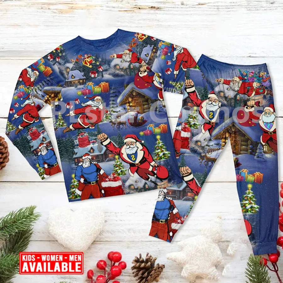 Christmas Flying Super Santa - Pajamas Long Sleeve 3D All Over Printed Family Pajamas Cosplay Clothes