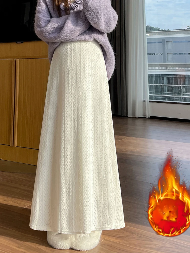 

Y2K Skirt Women Jacquard Cut Out Knit Midi High Waist A Line Style Fall Winter