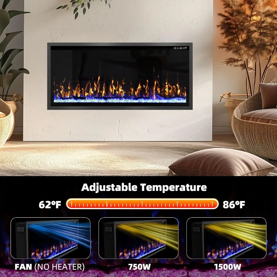 Camino elettrico in cristallo da 42 pollici con design realistico di tronchi e fiamma di cristallo per soggiorno o camera da letto Touch Control e Rem