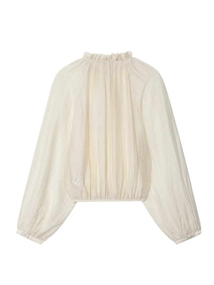 HH, moda de otoño para mujer, camisa semitranslúcida lisa y dulce con mangas abullonadas, camisa holgada de tela Tencel con temperamento femenino
