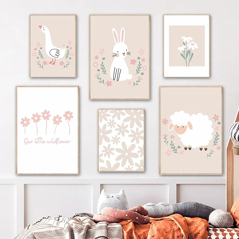 Cartoon Rabbit Goose Sheep Flower Nursery Wall Art Canvas Painting Nordic Girl Posters Prints Pictures for Baby Kids Room Decor