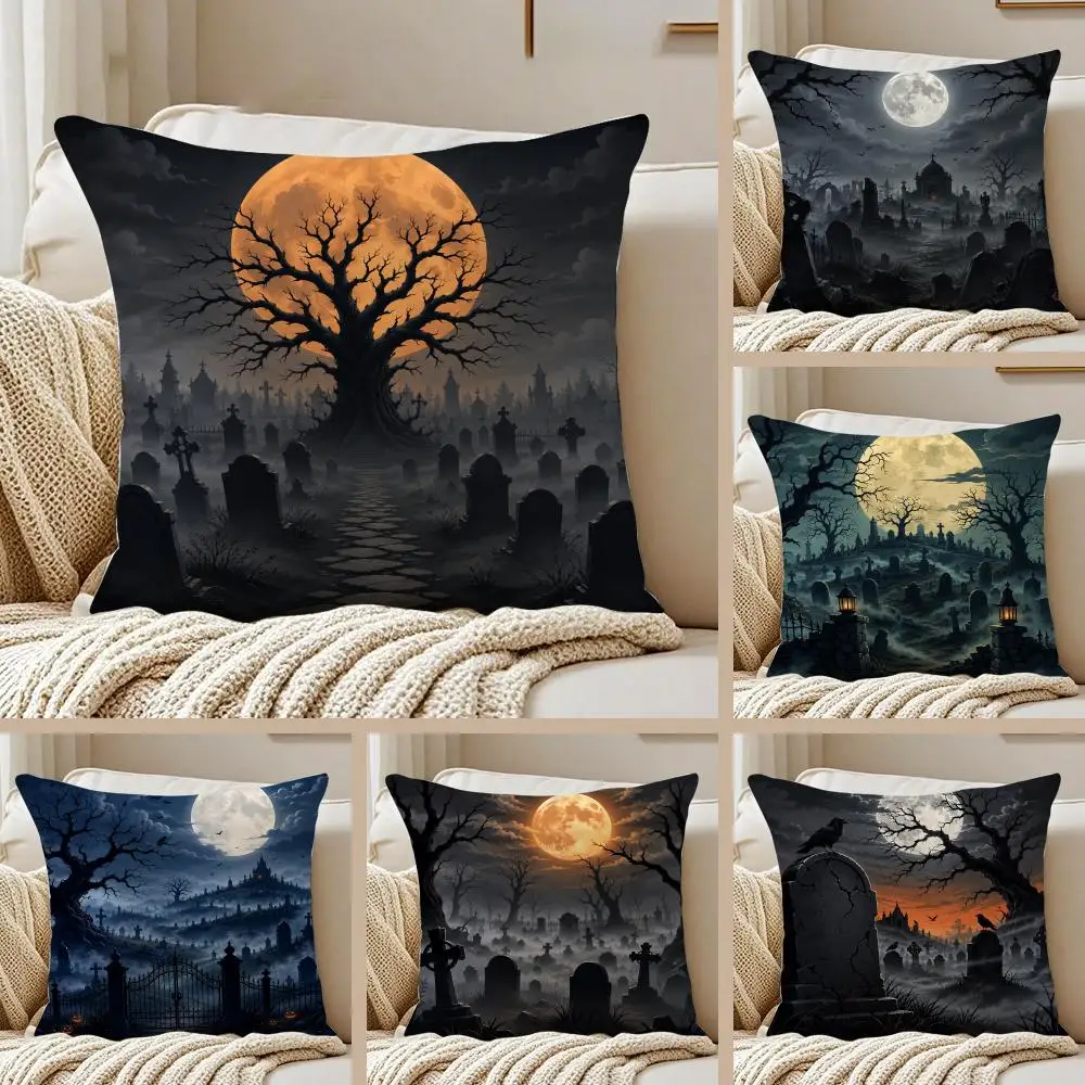 H-Halloween Graveyard Panorama Cushion Cover Pillowcase Anti-dustmite Invisible Zipper Short Plush Sofa Cushion