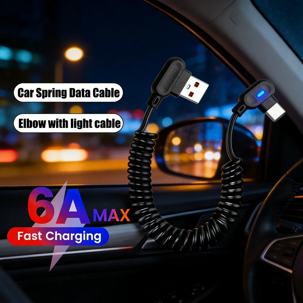 6A Dual Elbow Spring Data Cable USB A to Type C Fast Charging Short Cable for iPhone 15 16 Pro Samsung Xiaomi Phone Charger Cord
