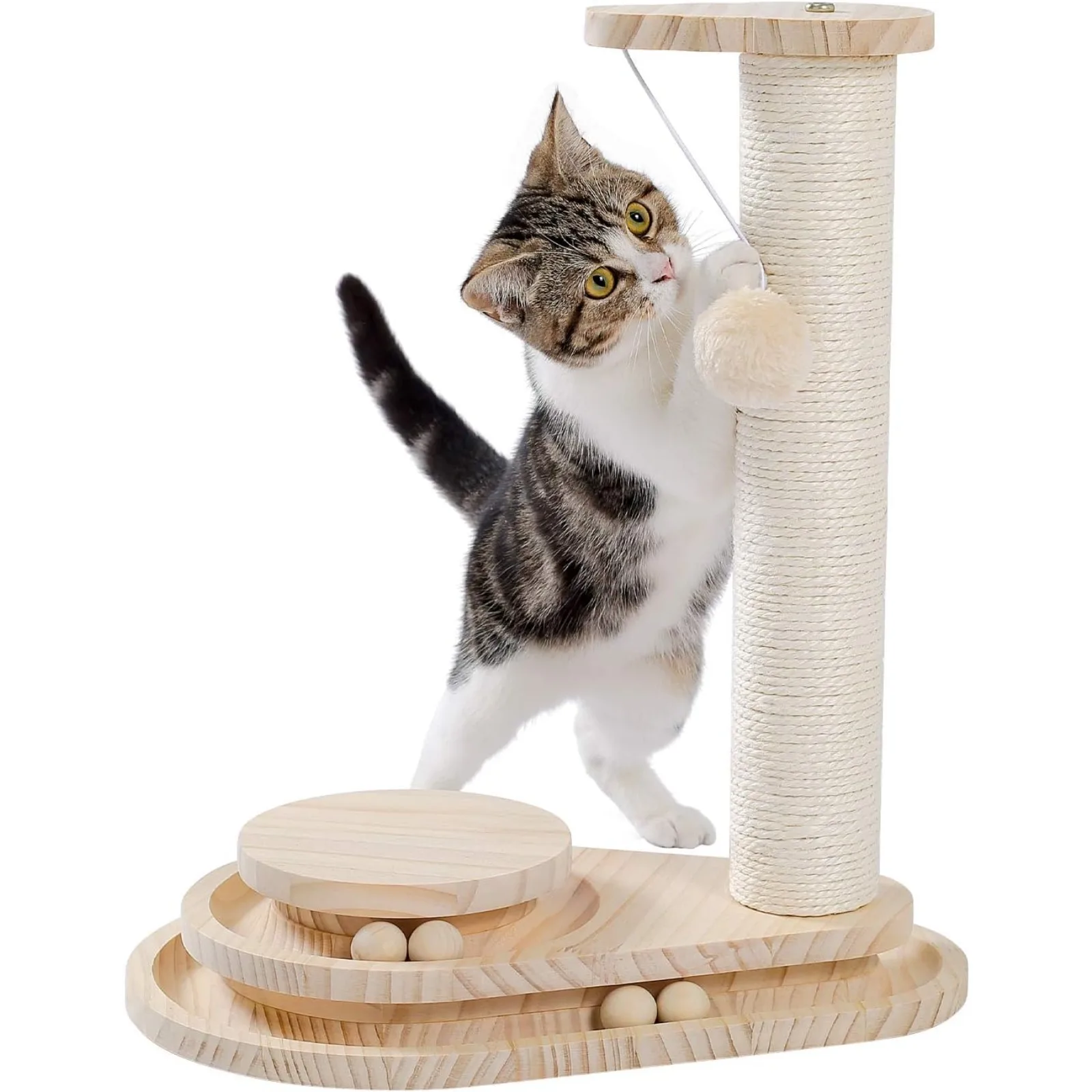 

US Made4Pets Cat Scratching Post Cat Scratcher Kitten Toys for Indoor Cats Wooden Ball Track Two-Layer Modern Sisal 17.7" Tall