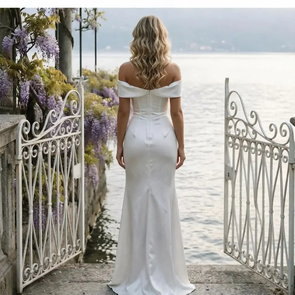 Customized Off Shoulder Satin Mermaid Bridal Gown Side Ruched High Slit Floor Length Minimalist Civil Wedding Reception Dress
