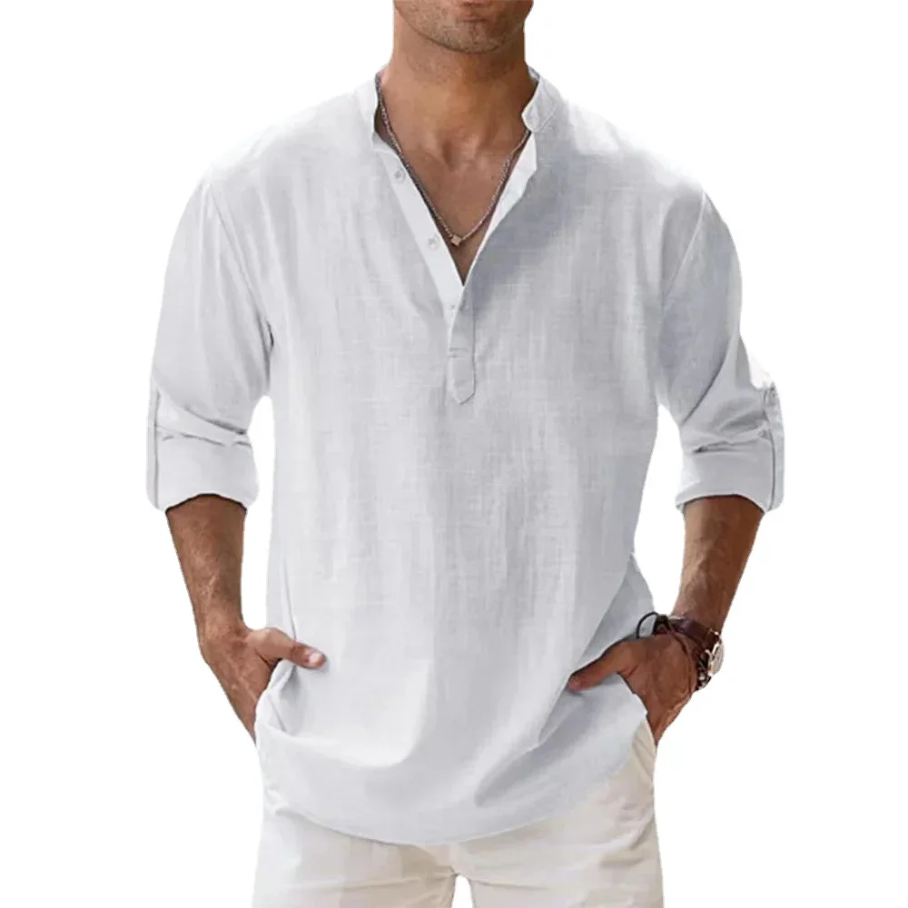 Cotton Linen Hot Sale Men\'s Short-Sleeved Shirts Summer Solid Color Henley Collar Casual Beach Style Hawaiian Vacation