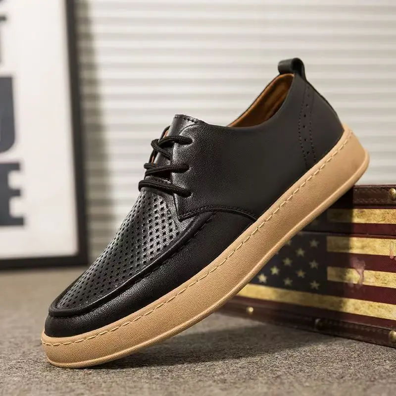 

Новая мужская кожаная повседневная обувь с открытыми отверстиями, весенне-осенняя мягкая подошва, нескользящая высококачественная повседневная обувь с низким верхом на шнуровке