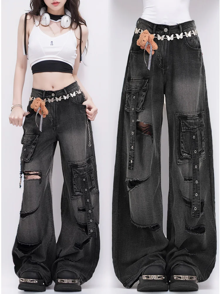 

Y2k Yawen chemical clothing ripped jeans women's summer design sense high waist slimming unique niche design wide leg pants
