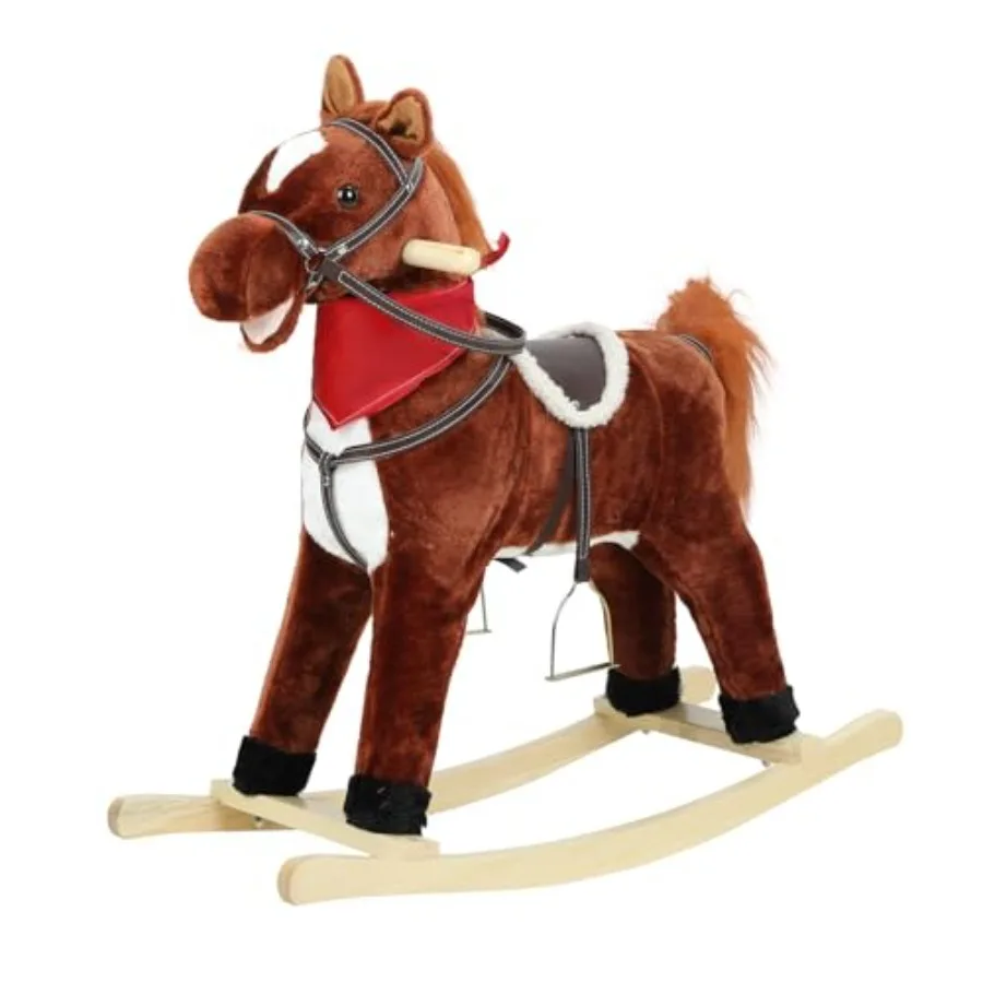 

Плюшевая лошадка-качалка на деревянной подставке, игрушка-каталка для малышей от 3 лет, коричневая, интерактивная, с звуками и подвижной мордой