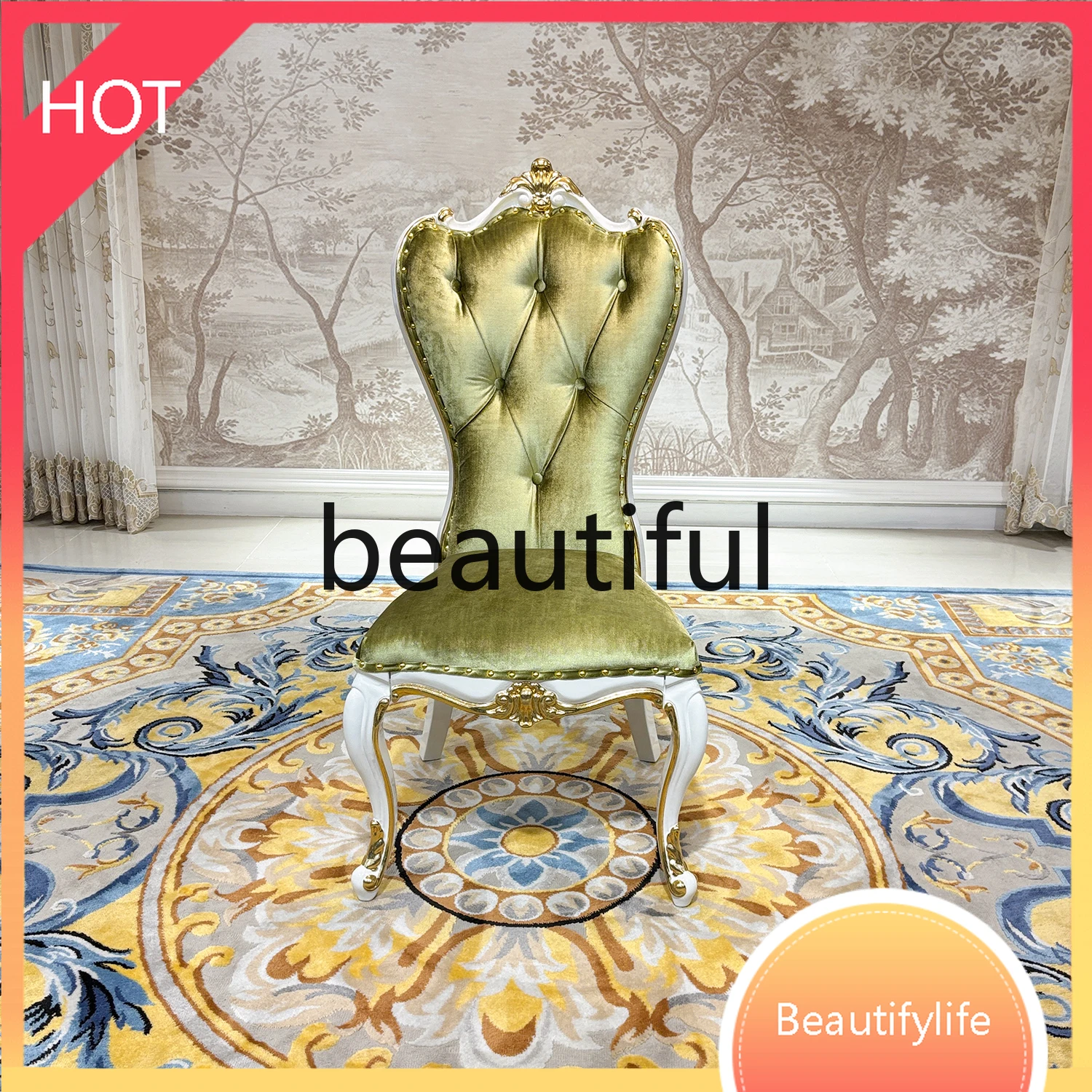 

M45 французский обеденный стул с вышивкой, дворец, роскошный офисный стул с резьбой по дереву, цветок, зеленый обеденный стул