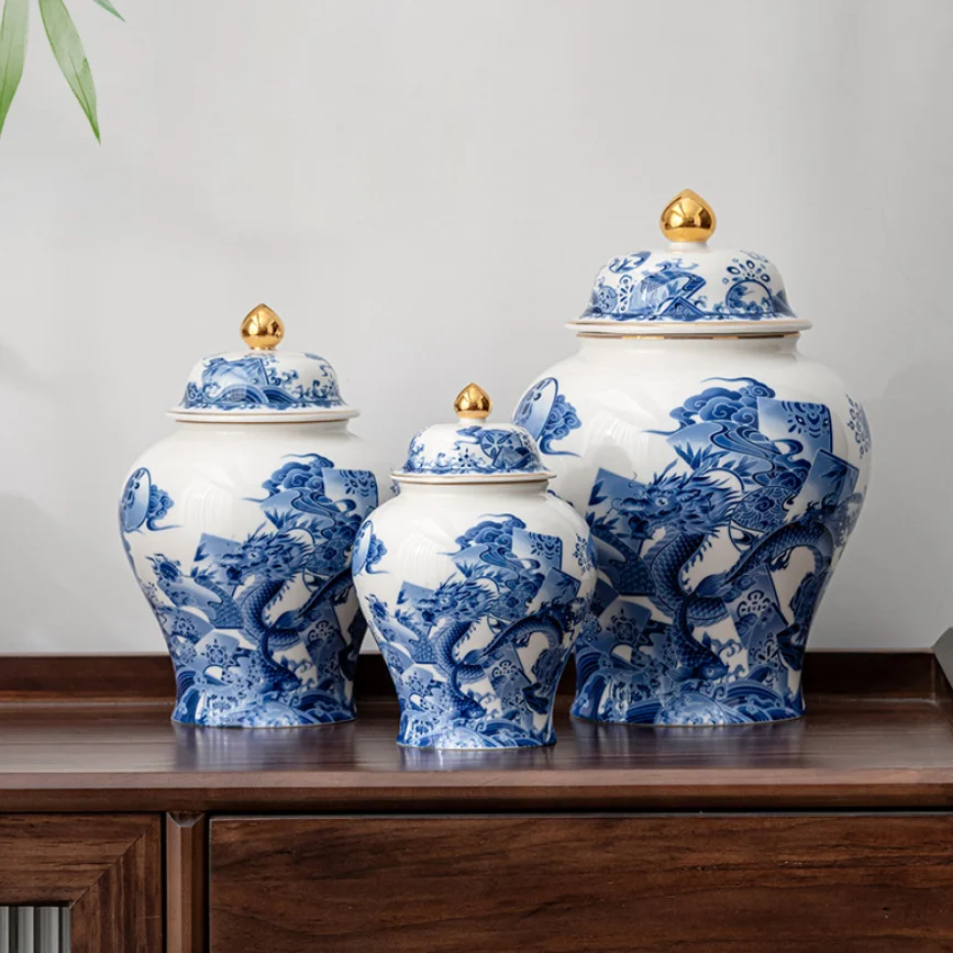Qinglong Ceramic Jar Vase Craft Jewelry Retro Home Decor General Jar Living Room Soft Decoration Entrance Porcelain