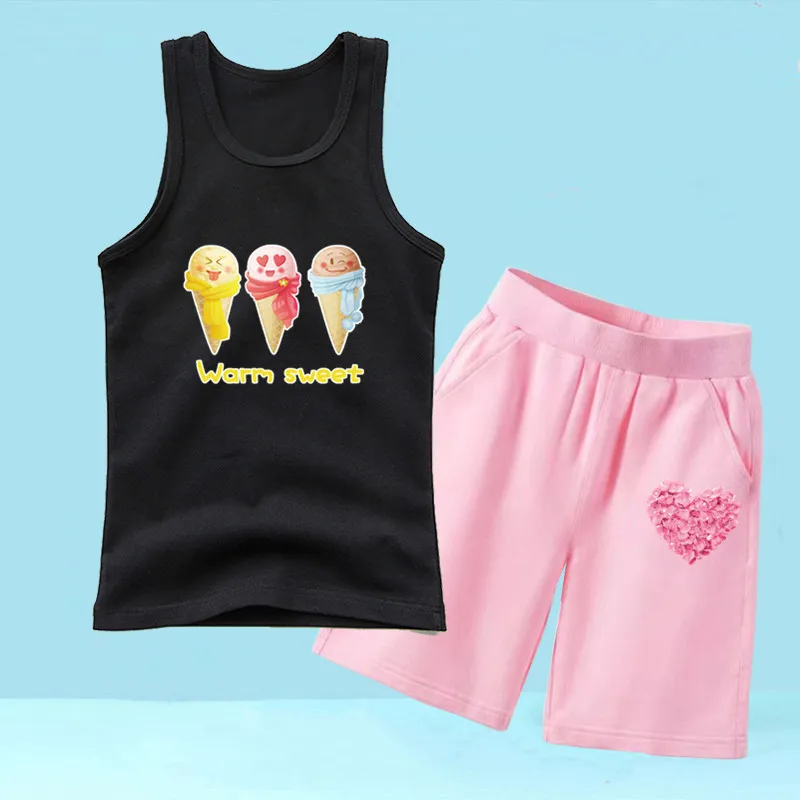 Toddler Girl Outfit 2Pcs Summer Ice Cream Sleeveless Tank Tops and Shorts Set for Girls Cute Vest Clothes Suit