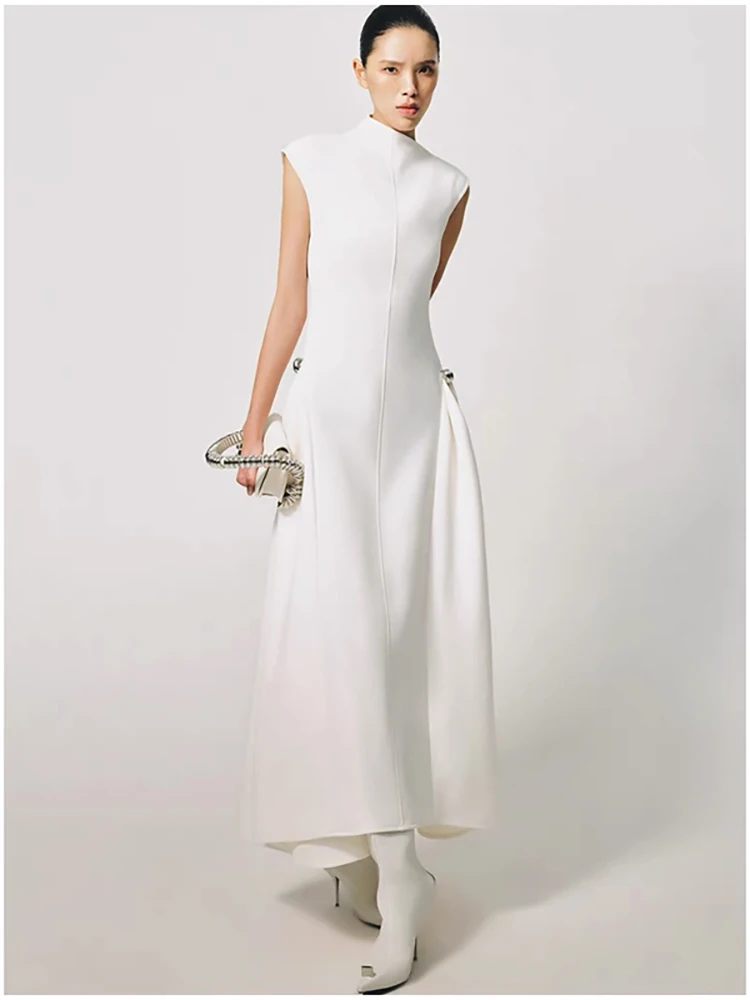 QMQA Fashion Women\'s Evening Elegant Dress Diagonal Collar Sleeveless Slimming Ankle-length Dresses 2025 New Clothing 1A255