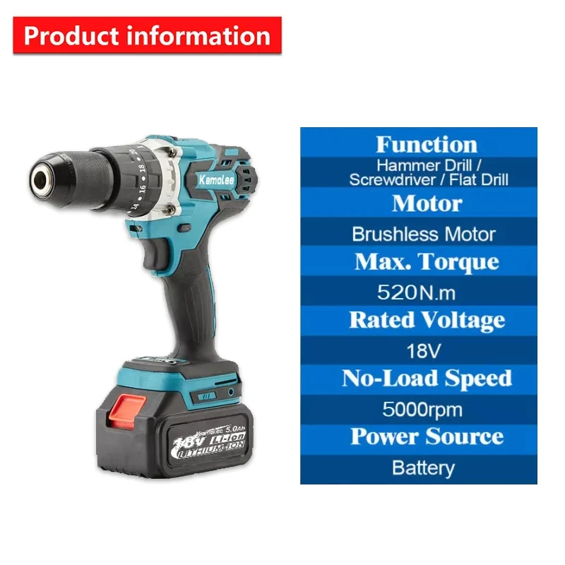 Kamolee Brushless Electric Impact Drill Cordless Electric Screwdriver Home DIY Power Tools For Makita 18V Battery