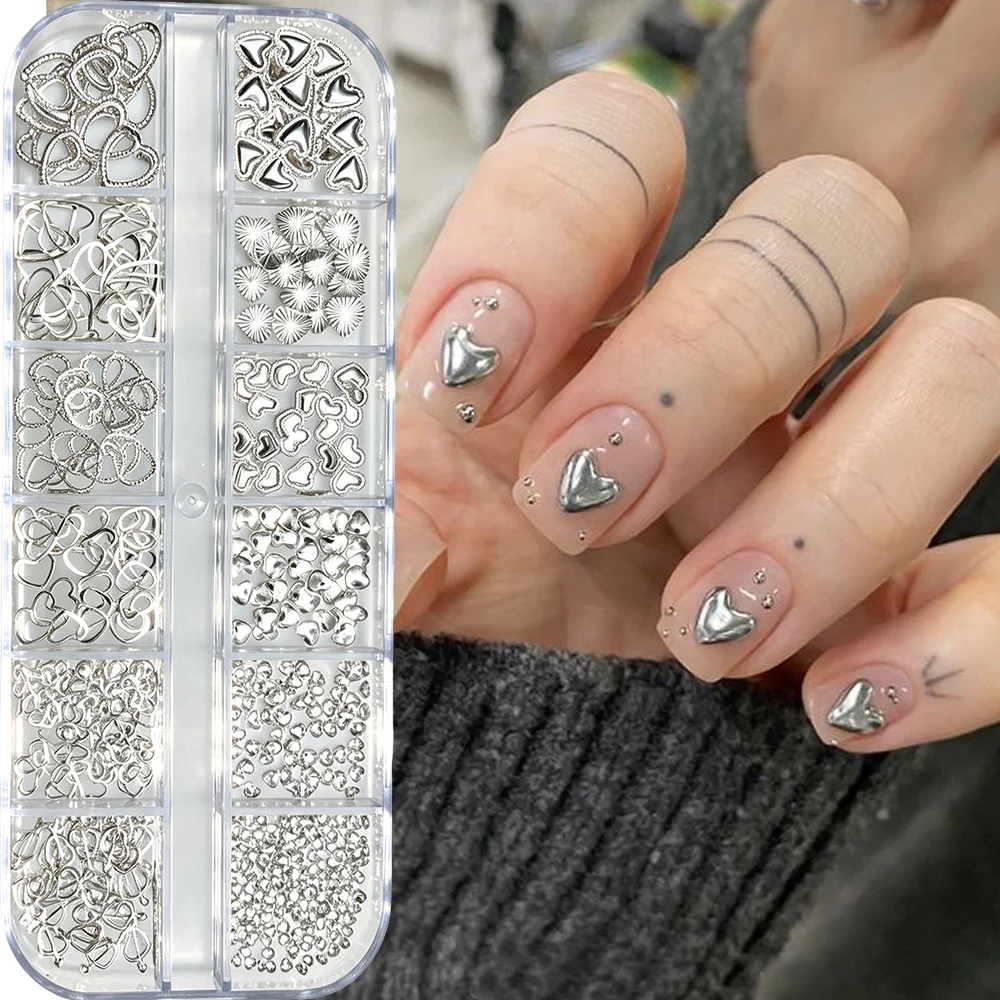 12Grids Y2k Silver Love Heart Glitter Nail Charms Mixed Heart Love Metallic Tips Slice Nail Rivets Valentine's Day Manicure Deco