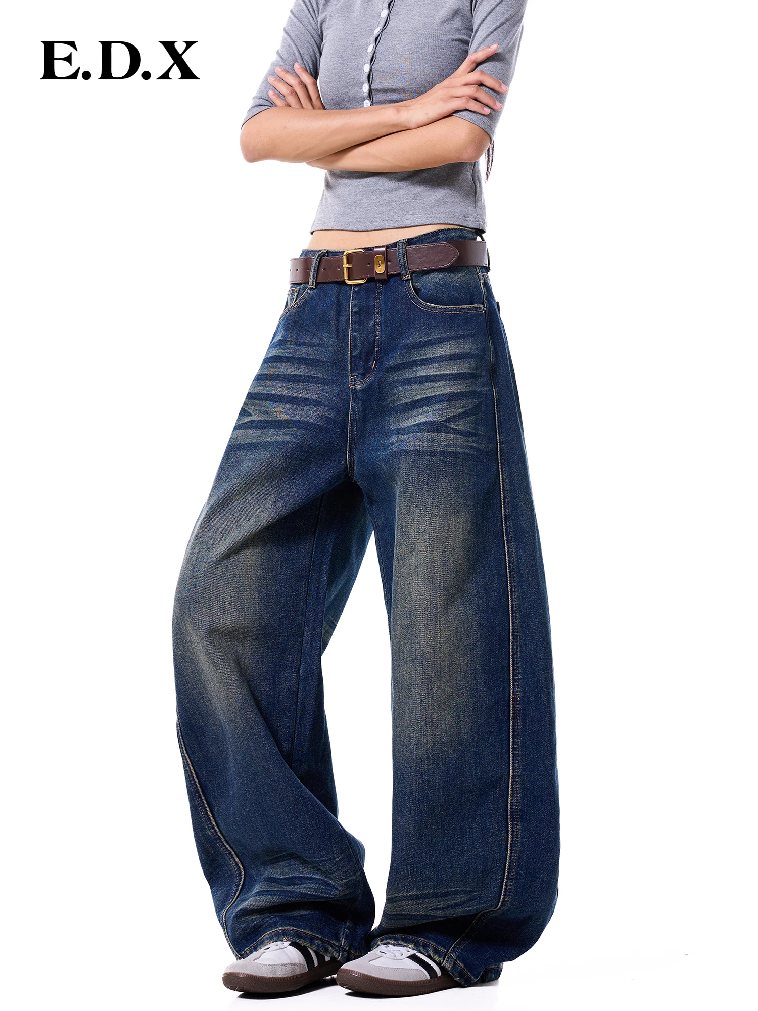 High Waist Fleece Lined Wide Leg Denim Jeans Women's American Retro  Floor Length Pants Autumn Winter New Style Blue