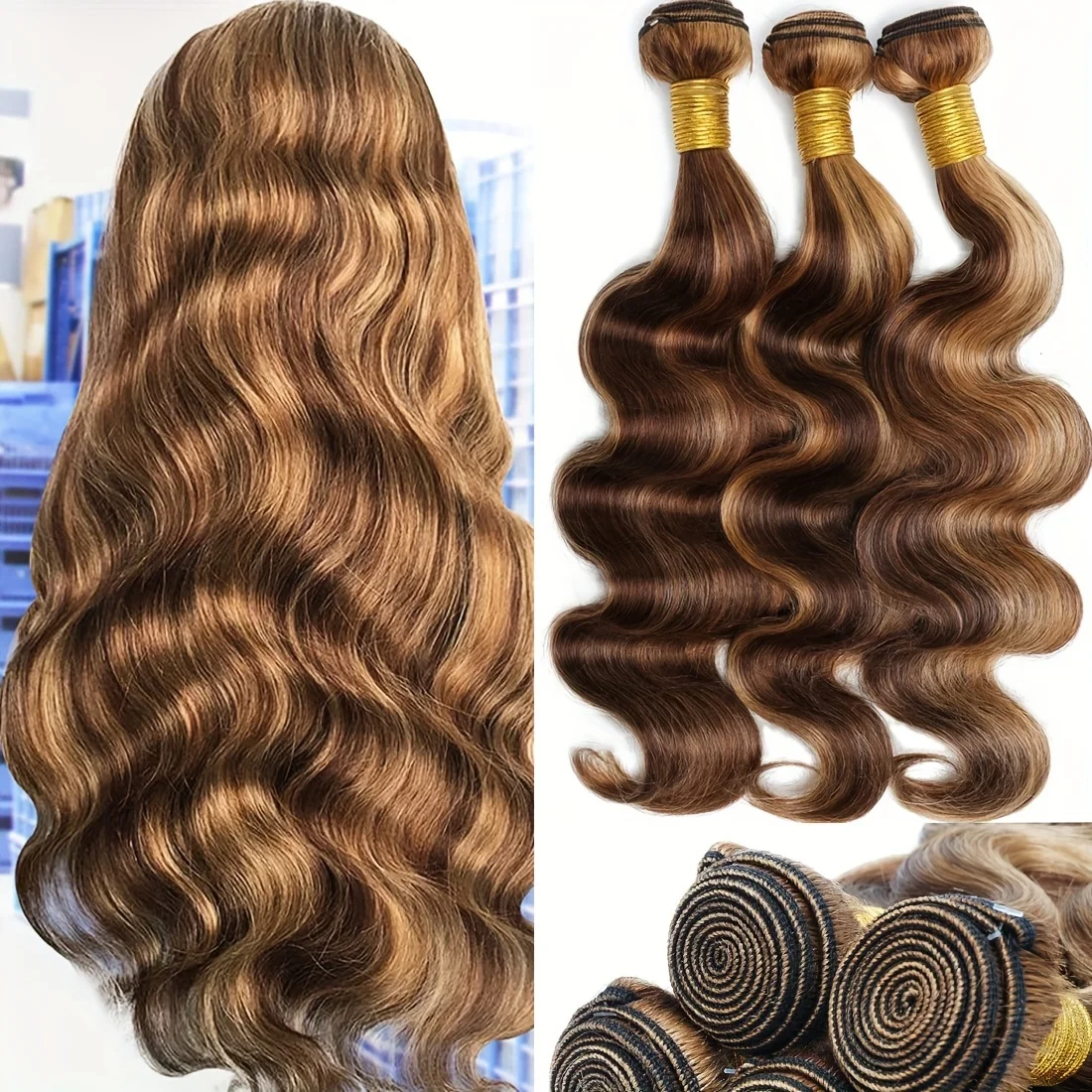 Body Wave Honey Blonde Highlight Human Hair Weave 100% Brazilian Human Hair Bundle Extensions 4/27 Ombre Color Bundles