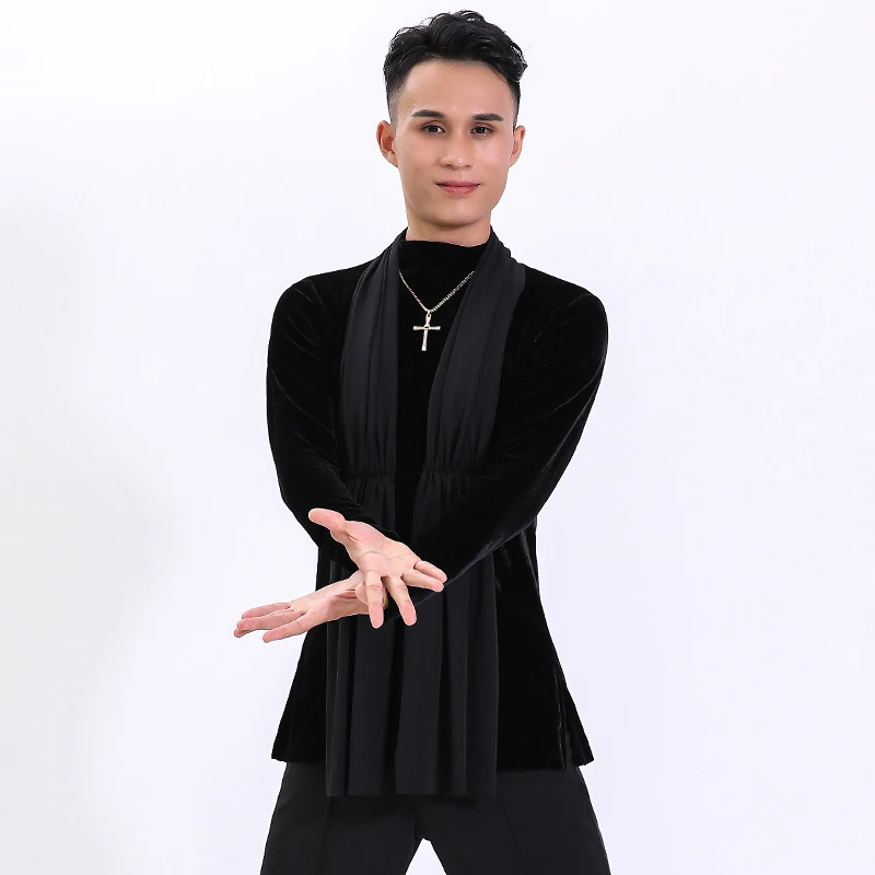 Men\'S Latin Dance Shirt Long Sleeve Velvet Modern Dance Costume National Standard Dance Training Clothes Latin Costumes DN14330