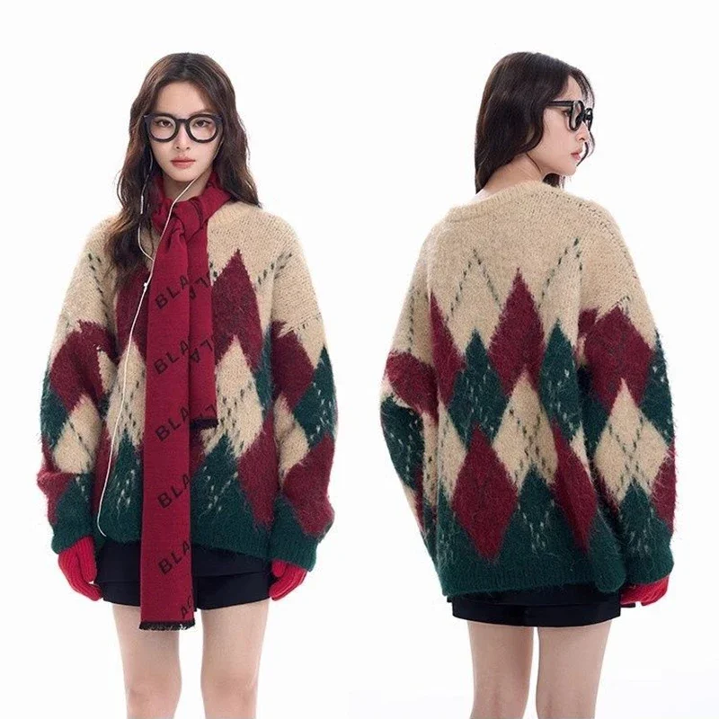 الماس شبكة الرجال عيد الميلاد سترة للجنسين تريكو الخريف الشتاء س الرقبة طويلة الأكمام Argyle تصميم فضفاض البلوز سترة ناعمة #4