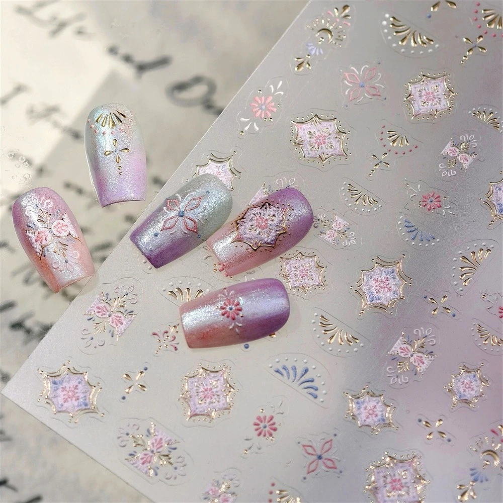 

Gold Stamped Star Moon Pink Blue Totems Retro 3D Self Adhesive Nail Art Stickers Bohemian Style Manicure Decals Wholesale