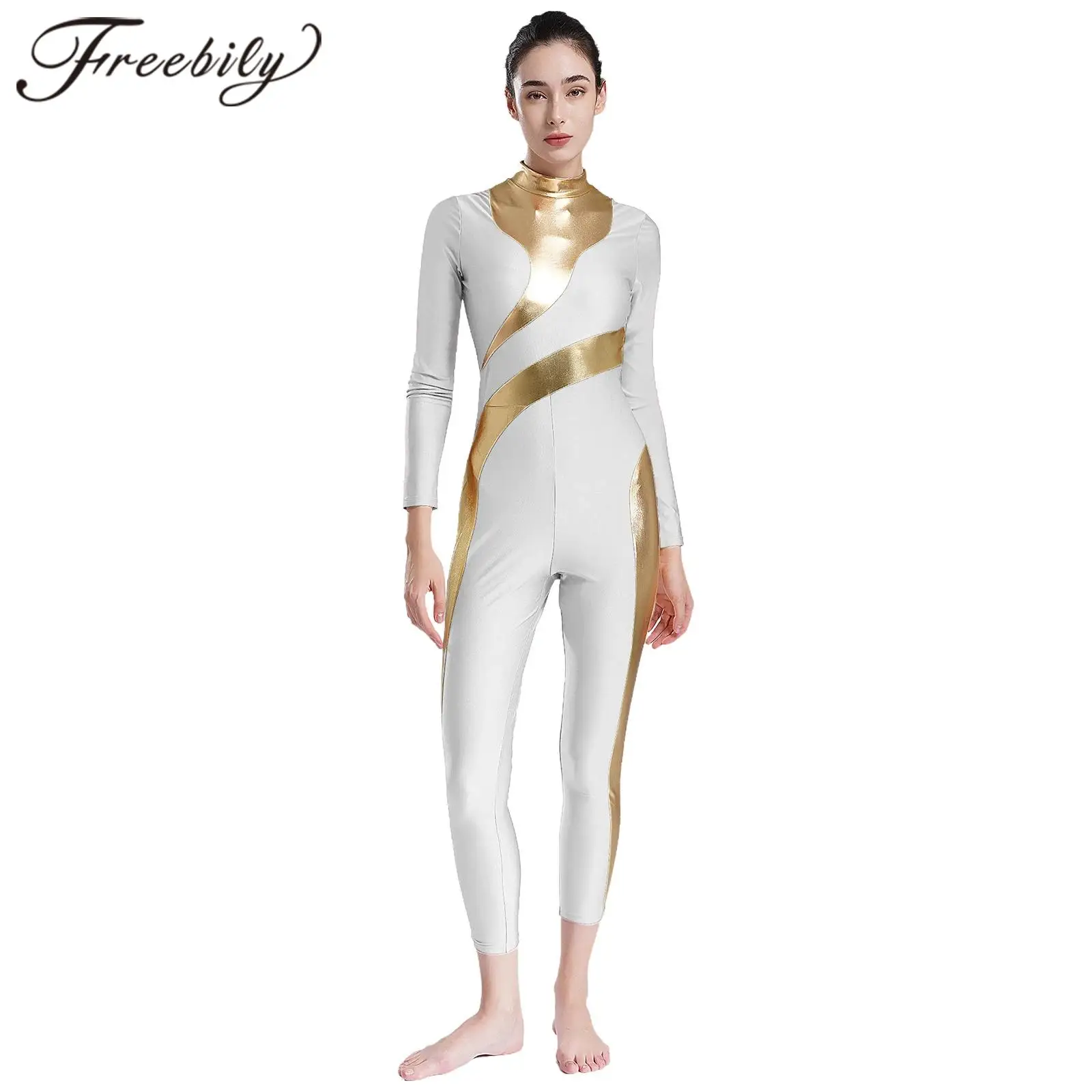 

Gymnastics Jumpsuit for Womens Metallic Dance Bodysuit Leotard Long Sleeve Shiny Patchwork Acrobatics Skating Jumpsuit Costume