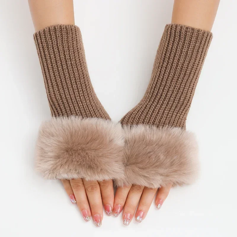 人工ウサギの毛皮の手袋,肘のミトン,毛皮のような腕のカバー,手編みのウォーマー,手首の袖,暖かい,冬