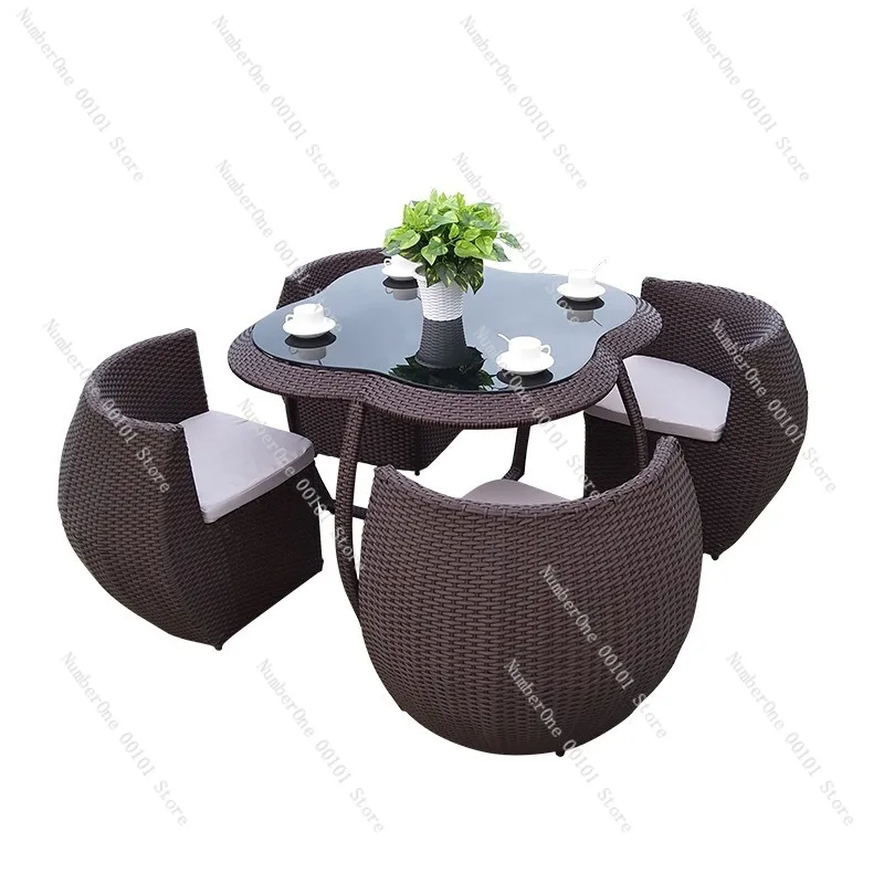 Outdoor Rattan Dining Set, Waterproof and Sunproof Garden Table and Chair Set, Courtyard Ironwork Rock Plate Dining Table